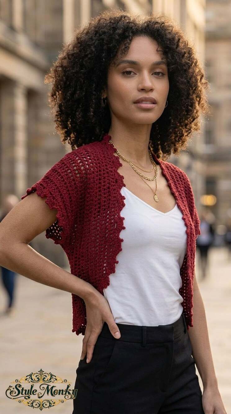 Crochet Shrug Bolero Size S Burgundy Open Front Scalloped Hem